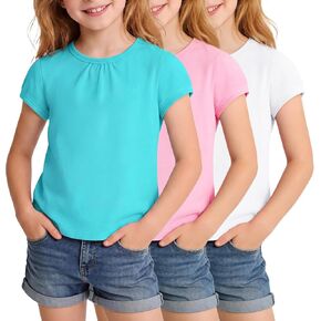 3 Pack Girls Short Sleeve T-Shirts Pleated Neck Tee Shirts Summer Tops for Girls Size 5-12 Years in Saudi Arabia