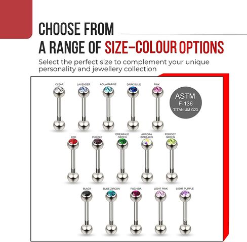 G23 Grade Titanium Single 6mm Stone Ball with 14 Gauge - 14mm, 16mm, 18mm, 19mm, 20mm, 22mm Straight Barbell Tongue Bars - Tongue Ring Stud - Industrial Piercing Body jewelry in Kuwait