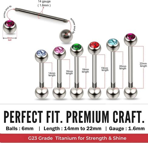G23 Grade Titanium Single 6mm Stone Ball with 14 Gauge - 14mm, 16mm, 18mm, 19mm, 20mm, 22mm Straight Barbell Tongue Bars - Tongue Ring Stud - Industrial Piercing Body jewelry in Kuwait