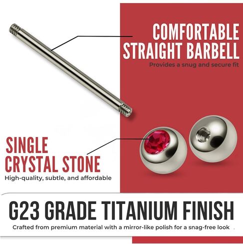 G23 Grade Titanium Single 6mm Stone Ball with 14 Gauge - 14mm, 16mm, 18mm, 19mm, 20mm, 22mm Straight Barbell Tongue Bars - Tongue Ring Stud - Industrial Piercing Body jewelry in Kuwait