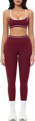 QBGJTD Womens Workout Set Two Piece Strappy Color Block Sports Bra Matching High Waist Leggings Gym Work Pilates Outfits in Saudi Arabia