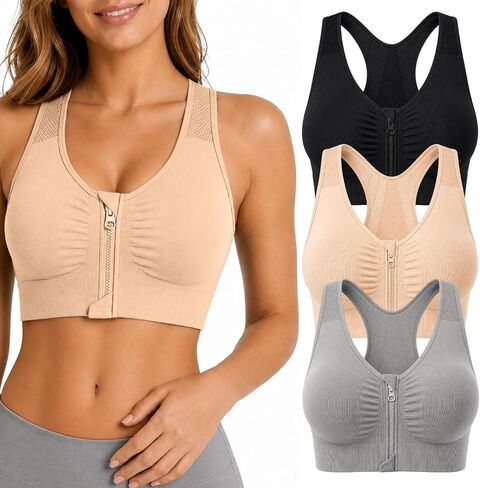 Zip Front Sports Bra for Women, Supportive Wireless Active Bra | 3-Pack Post-Surgery High Impact Bras Padded Front Zipper Closure Activity for Yoga, Running and Gym Workouts in Saudi Arabia