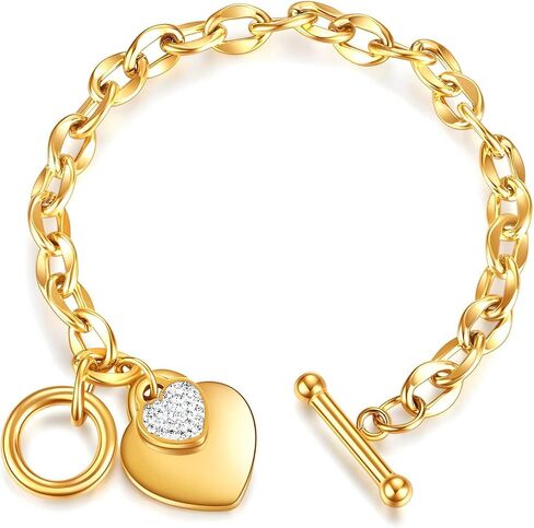 Ora & Eve 18K Gold- Heart Charm Bracelet for Women – Toggle Clasp, Waterproof, Hypoallergenic, Dainty Link Chain, Cubic Zirconia Accent, Adjustable Jewelry Gift in Saudi Arabia