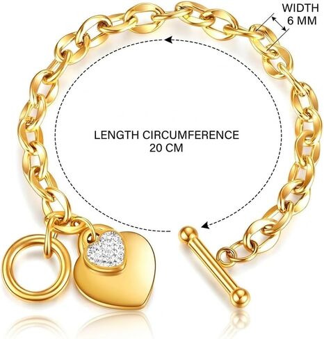 Ora & Eve 18K Gold- Heart Charm Bracelet for Women – Toggle Clasp, Waterproof, Hypoallergenic, Dainty Link Chain, Cubic Zirconia Accent, Adjustable Jewelry Gift in Saudi Arabia