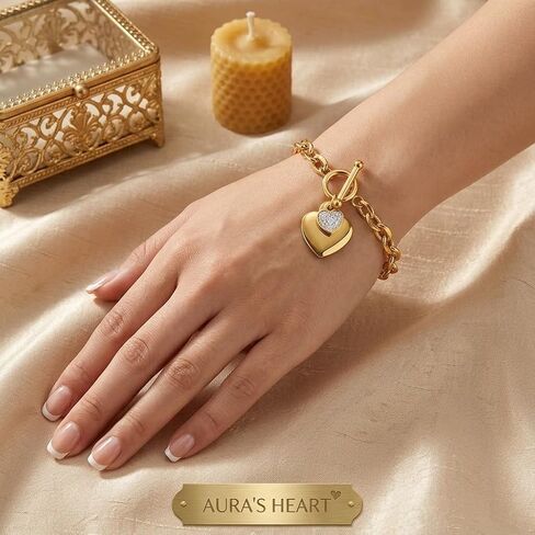 Ora & Eve 18K Gold- Heart Charm Bracelet for Women – Toggle Clasp, Waterproof, Hypoallergenic, Dainty Link Chain, Cubic Zirconia Accent, Adjustable Jewelry Gift in Saudi Arabia
