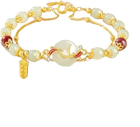 Women Double Circle beads Bracelet with Lucky Koi Fish Pi An Kou Green Jade & Red Agate Beads, Adjustable 8.6 Inches Chinese Style Bracelet, Elegant Gift for Birthday, Christmas in Saudi Arabia