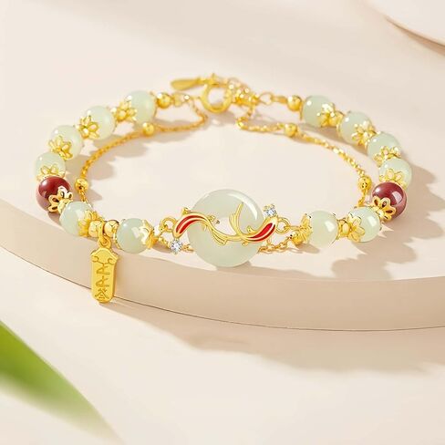 Women Double Circle beads Bracelet with Lucky Koi Fish Pi An Kou Green Jade & Red Agate Beads, Adjustable 8.6 Inches Chinese Style Bracelet, Elegant Gift for Birthday, Christmas in Saudi Arabia