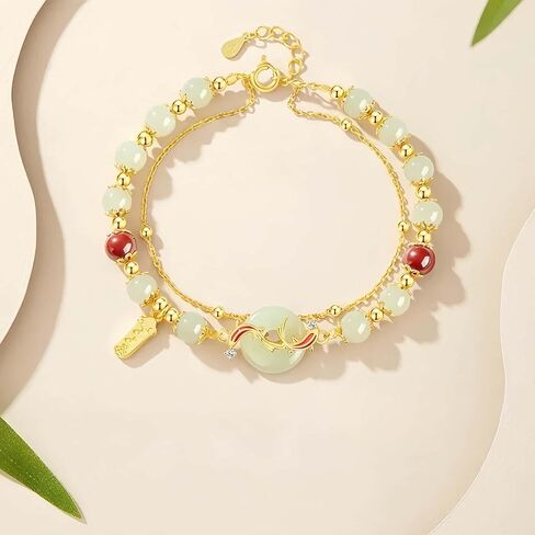 Women Double Circle beads Bracelet with Lucky Koi Fish Pi An Kou Green Jade & Red Agate Beads, Adjustable 8.6 Inches Chinese Style Bracelet, Elegant Gift for Birthday, Christmas in Saudi Arabia