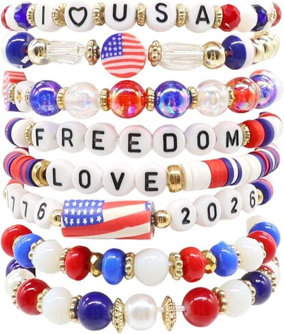 8Pcs Patriotic Jewelry for Women, Red White Blue USA Love Beaded Bracelets for 4th of July, Independence Day, Gifts for Adults & Teens in Saudi Arabia