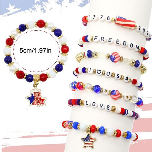 8Pcs Patriotic Jewelry for Women, Red White Blue USA Love Beaded Bracelets for 4th of July, Independence Day, Gifts for Adults & Teens in Saudi Arabia