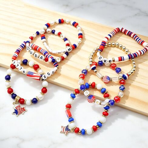 8Pcs Patriotic Jewelry for Women, Red White Blue USA Love Beaded Bracelets for 4th of July, Independence Day, Gifts for Adults & Teens in Saudi Arabia