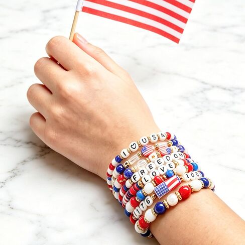 8Pcs Patriotic Jewelry for Women, Red White Blue USA Love Beaded Bracelets for 4th of July, Independence Day, Gifts for Adults & Teens in Saudi Arabia