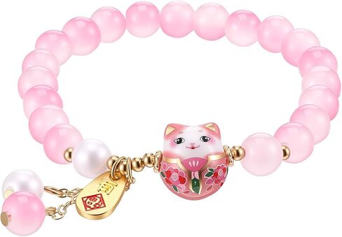 Crystal Bead Bracelet Ceramic Cat Pendant Lucky Cat Bracelet with Natural Gemstone Feng Shui Jewelry for Women Charm Good Luck Gift Adjustable Wealth Fortune Protection in Saudi Arabia