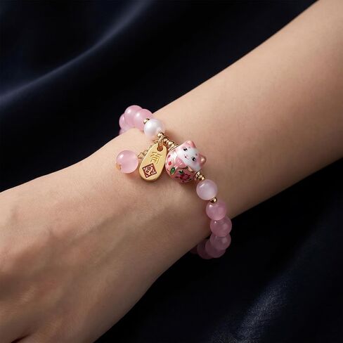Crystal Bead Bracelet Ceramic Cat Pendant Lucky Cat Bracelet with Natural Gemstone Feng Shui Jewelry for Women Charm Good Luck Gift Adjustable Wealth Fortune Protection in Saudi Arabia
