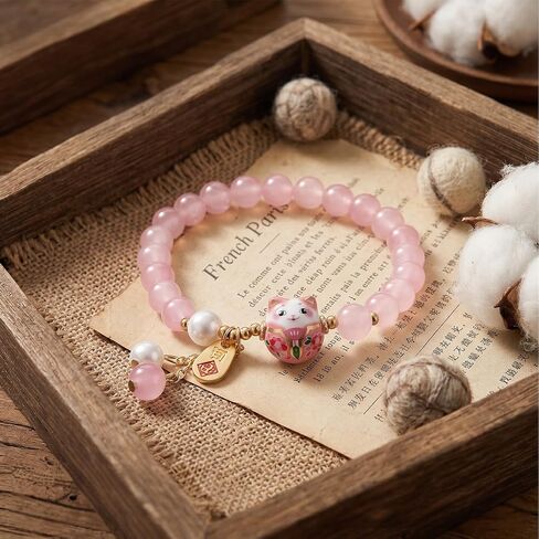 Crystal Bead Bracelet Ceramic Cat Pendant Lucky Cat Bracelet with Natural Gemstone Feng Shui Jewelry for Women Charm Good Luck Gift Adjustable Wealth Fortune Protection in Saudi Arabia