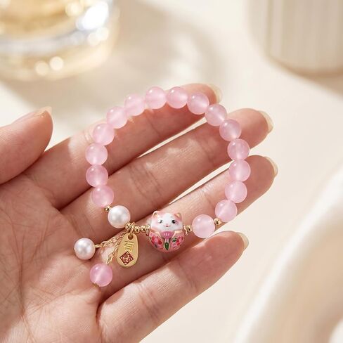 Crystal Bead Bracelet Ceramic Cat Pendant Lucky Cat Bracelet with Natural Gemstone Feng Shui Jewelry for Women Charm Good Luck Gift Adjustable Wealth Fortune Protection in Saudi Arabia