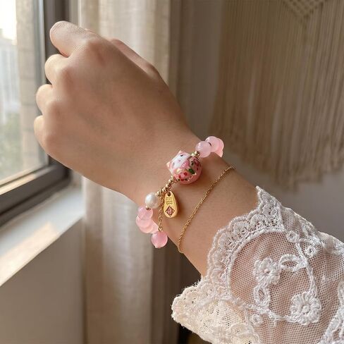 Crystal Bead Bracelet Ceramic Cat Pendant Lucky Cat Bracelet with Natural Gemstone Feng Shui Jewelry for Women Charm Good Luck Gift Adjustable Wealth Fortune Protection in Saudi Arabia
