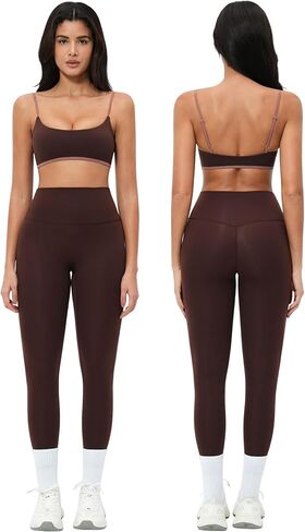 QBGJTD Two Piece Womens Workout Set Color Block Spaghetti Strap Sport Sports and High Waist Leggings Gym Work Pilates Outfits in Saudi Arabia
