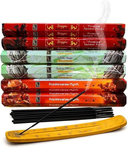 Incense Sticks Variety Pack | Dragon’s Blood, Frankincense & Myrrh & White Sage -120 Sticks | with Free Wooden Holder | Smudging Kit for Home Fragrance, Meditation & Yoga | Krishnascents in Saudi Arabia