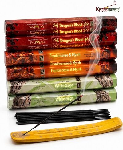 Incense Sticks Variety Pack | Dragon’s Blood, Frankincense & Myrrh & White Sage -120 Sticks | with Free Wooden Holder | Smudging Kit for Home Fragrance, Meditation & Yoga | Krishnascents in Saudi Arabia