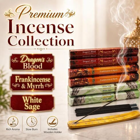 Incense Sticks Variety Pack | Dragon’s Blood, Frankincense & Myrrh & White Sage -120 Sticks | with Free Wooden Holder | Smudging Kit for Home Fragrance, Meditation & Yoga | Krishnascents in Saudi Arabia