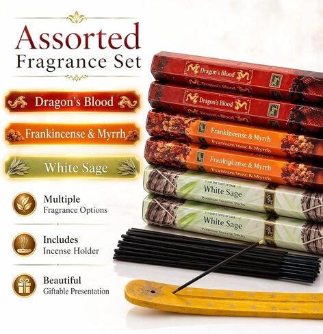 Incense Sticks Variety Pack | Dragon’s Blood, Frankincense & Myrrh & White Sage -120 Sticks | with Free Wooden Holder | Smudging Kit for Home Fragrance, Meditation & Yoga | Krishnascents in Saudi Arabia