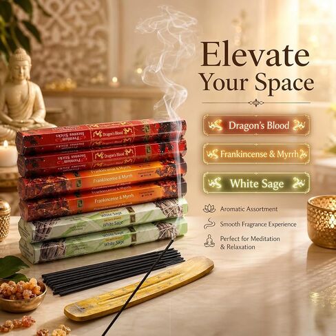 Incense Sticks Variety Pack | Dragon’s Blood, Frankincense & Myrrh & White Sage -120 Sticks | with Free Wooden Holder | Smudging Kit for Home Fragrance, Meditation & Yoga | Krishnascents in Saudi Arabia