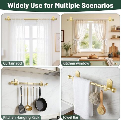 Gold No Drill Curtain Rods for Windows 48 to 84 Inch, USFOOK 5/8 Inch Curtain Rods No Drilling with 3M Adhesive Holders, Apartment Friendly Drapery Rod with Round Finials in Saudi Arabia