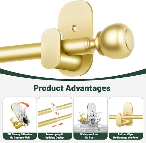 Gold No Drill Curtain Rods for Windows 48 to 84 Inch, USFOOK 5/8 Inch Curtain Rods No Drilling with 3M Adhesive Holders, Apartment Friendly Drapery Rod with Round Finials in Saudi Arabia