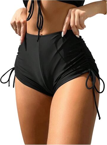 SHENHE Women's High Waist Tummy Bottoms Control Swim Shorts Tie Adjustable Ruched Side Boyshort Swimsuit Bikini Bottom in Kuwait
