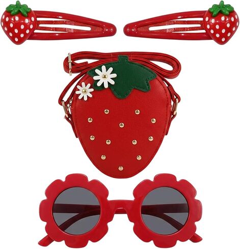 4PCS Strawberry Purse Set, Purse with Two Strawberry Hair Clips and Sunglasses, Fruit-Themed Accessories Set for Daily Use, Includes Strawberrys Coin Purse and Stylish Eyewear for Various Occasions in Saudi Arabia