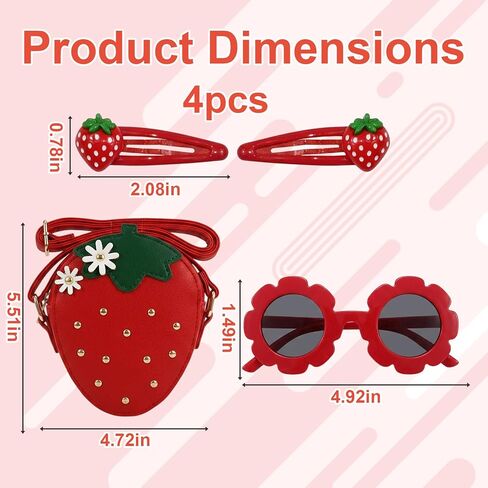 4PCS Strawberry Purse Set, Purse with Two Strawberry Hair Clips and Sunglasses, Fruit-Themed Accessories Set for Daily Use, Includes Strawberrys Coin Purse and Stylish Eyewear for Various Occasions in Saudi Arabia