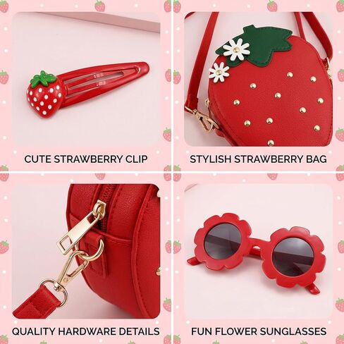 4PCS Strawberry Purse Set, Purse with Two Strawberry Hair Clips and Sunglasses, Fruit-Themed Accessories Set for Daily Use, Includes Strawberrys Coin Purse and Stylish Eyewear for Various Occasions in Saudi Arabia