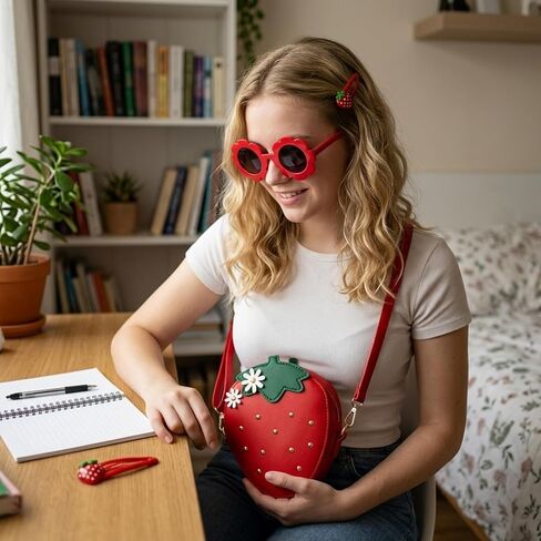 4PCS Strawberry Purse Set, Purse with Two Strawberry Hair Clips and Sunglasses, Fruit-Themed Accessories Set for Daily Use, Includes Strawberrys Coin Purse and Stylish Eyewear for Various Occasions in Saudi Arabia