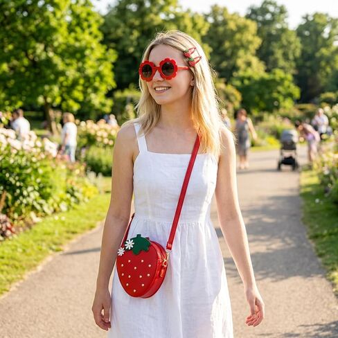 4PCS Strawberry Purse Set, Purse with Two Strawberry Hair Clips and Sunglasses, Fruit-Themed Accessories Set for Daily Use, Includes Strawberrys Coin Purse and Stylish Eyewear for Various Occasions in Saudi Arabia
