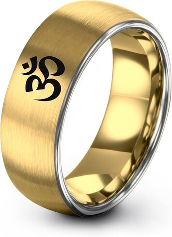 Yoga Om Symbol Ring - Gift for Meditation Fan - Personalized Custom Engraving - Anniversary Wedding - 8mm - Band - Brushed Polished - Tungsten - Flat Dome Bevel - Men Women - Yellow Rose Gold Silver in Saudi Arabia
