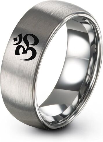 Yoga Om Symbol Ring - Gift for Meditation Fan - Personalized Custom Engraving - Anniversary Wedding - 8mm - Band - Brushed Polished - Tungsten - Flat Dome Bevel - Men Women - Yellow Rose Gold Silver in Saudi Arabia