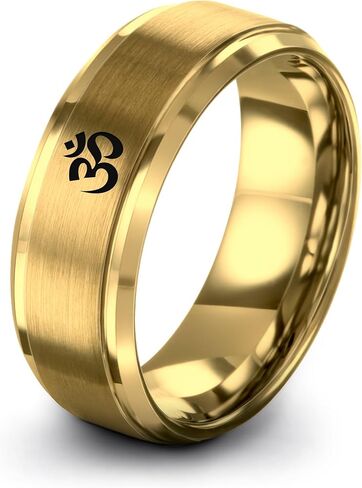 Yoga Om Symbol Ring - Gift for Meditation Fan - Personalized Custom Engraving - Anniversary Wedding - 8mm - Band - Brushed Polished - Tungsten - Flat Dome Bevel - Men Women - Yellow Rose Gold Silver in Saudi Arabia