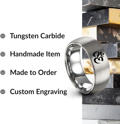 Yoga Om Symbol Ring - Gift for Meditation Fan - Personalized Custom Engraving - Anniversary Wedding - 8mm - Band - Brushed Polished - Tungsten - Flat Dome Bevel - Men Women - Yellow Rose Gold Silver in Saudi Arabia