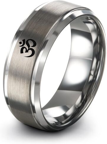 Yoga Om Symbol Ring - Gift for Meditation Fan - Personalized Custom Engraving - Anniversary Wedding - 8mm - Band - Brushed Polished - Tungsten - Flat Dome Bevel - Men Women - Yellow Rose Gold Silver in Saudi Arabia