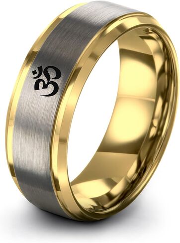 Yoga Om Symbol Ring - Gift for Meditation Fan - Personalized Custom Engraving - Anniversary Wedding - 8mm - Band - Brushed Polished - Tungsten - Flat Dome Bevel - Men Women - Yellow Rose Gold Silver in Saudi Arabia