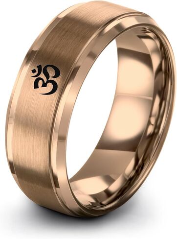 Yoga Om Symbol Ring - Gift for Meditation Fan - Personalized Custom Engraving - Anniversary Wedding - 8mm - Band - Brushed Polished - Tungsten - Flat Dome Bevel - Men Women - Yellow Rose Gold Silver in Saudi Arabia
