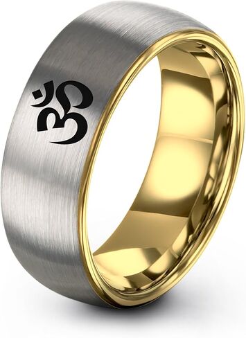 Yoga Om Symbol Ring - Gift for Meditation Fan - Personalized Custom Engraving - Anniversary Wedding - 8mm - Band - Brushed Polished - Tungsten - Flat Dome Bevel - Men Women - Yellow Rose Gold Silver in Saudi Arabia