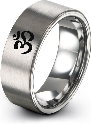 Yoga Om Symbol Ring - Gift for Meditation Fan - Personalized Custom Engraving - Anniversary Wedding - 8mm - Band - Brushed Polished - Tungsten - Flat Dome Bevel - Men Women - Yellow Rose Gold Silver in Saudi Arabia