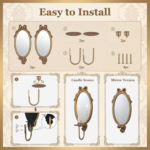 Vintage Gold Wall Sconce Mirror Candle Holders, Oval Decorative Mirrored Sconces with Candle Cup, 18.11 x 6.69inch, Set of 2, French Provincial Style Wall Mounted Candlestick Holders for Home Decor in Saudi Arabia