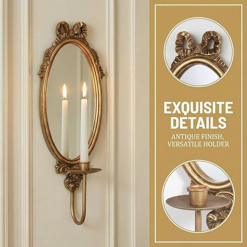 Vintage Gold Wall Sconce Mirror Candle Holders, Oval Decorative Mirrored Sconces with Candle Cup, 18.11 x 6.69inch, Set of 2, French Provincial Style Wall Mounted Candlestick Holders for Home Decor in Saudi Arabia