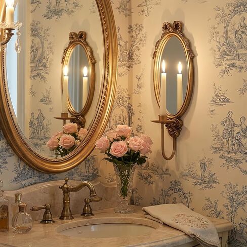 Vintage Gold Wall Sconce Mirror Candle Holders, Oval Decorative Mirrored Sconces with Candle Cup, 18.11 x 6.69inch, Set of 2, French Provincial Style Wall Mounted Candlestick Holders for Home Decor in Saudi Arabia
