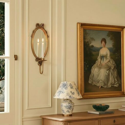 Vintage Gold Wall Sconce Mirror Candle Holders, Oval Decorative Mirrored Sconces with Candle Cup, 18.11 x 6.69inch, Set of 2, French Provincial Style Wall Mounted Candlestick Holders for Home Decor in Saudi Arabia
