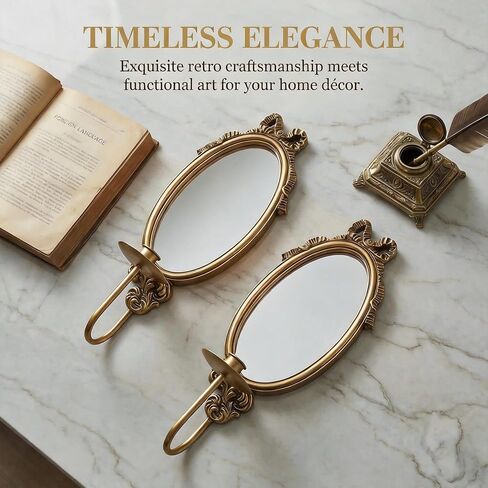 Vintage Gold Wall Sconce Mirror Candle Holders, Oval Decorative Mirrored Sconces with Candle Cup, 18.11 x 6.69inch, Set of 2, French Provincial Style Wall Mounted Candlestick Holders for Home Decor in Saudi Arabia