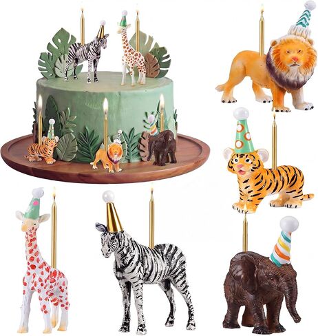 5 Pcs Safari Jungle Animal Cake Candle Holders Resin Animals Figures Cake Topper Birthday Party Decor Giraffe Lion Elephant Zebra Tiger Candle Stands for Wild Animals Themed Party Decor in Kuwait